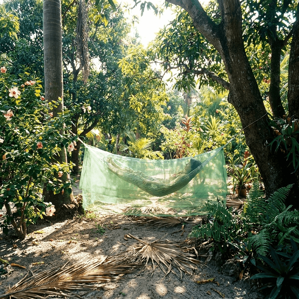 Mosticare Amaca WHO-prequalified hammock mosquito net integrated over a travel hammock strung between two jungle trees.