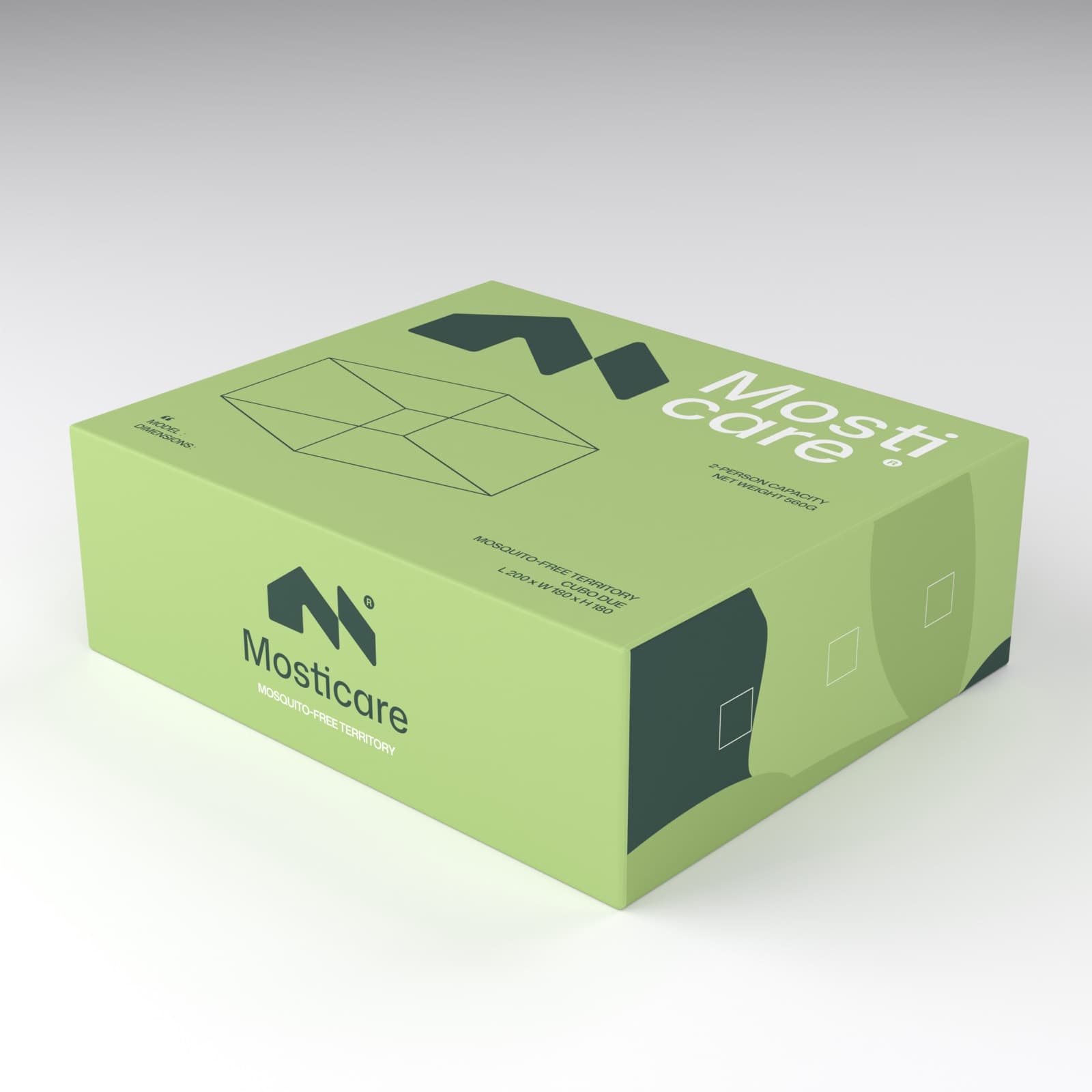 Mosticare Cubo Due packaging, closed box, brand-green carton