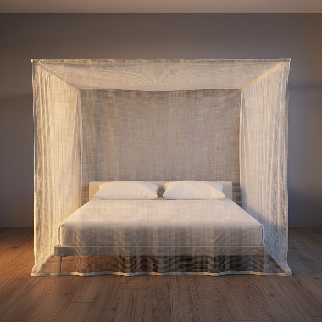 The Mosticare Cubo mosquito-net canopy enclosing a double bed in a softly lit evening bedroom.