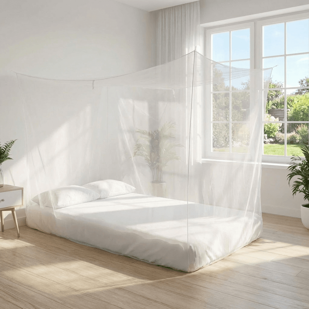 Mosticare Cubo Due WHO-prequalified double-bed mosquito net hung over a European double bed in a bright Mediterranean bedroom.