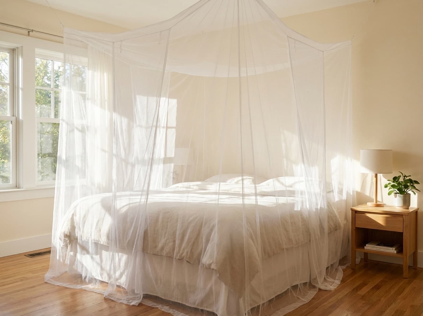 The Mosticare Cubo mosquito-net canopy draped over a king-size bed in a sunlit bedroom.