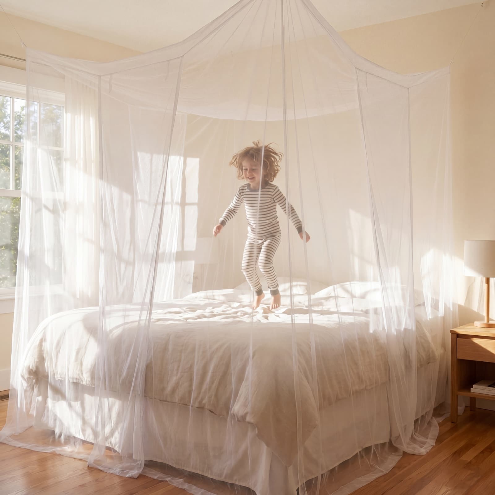 A child jumping on a king-size bed inside the Mosticare Cubo mosquito-net canopy in morning light.