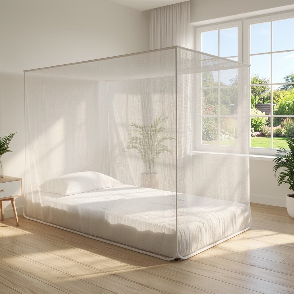 The Mosticare Cubo mosquito-net canopy enclosing a single bed in a bright, sunlit bedroom.