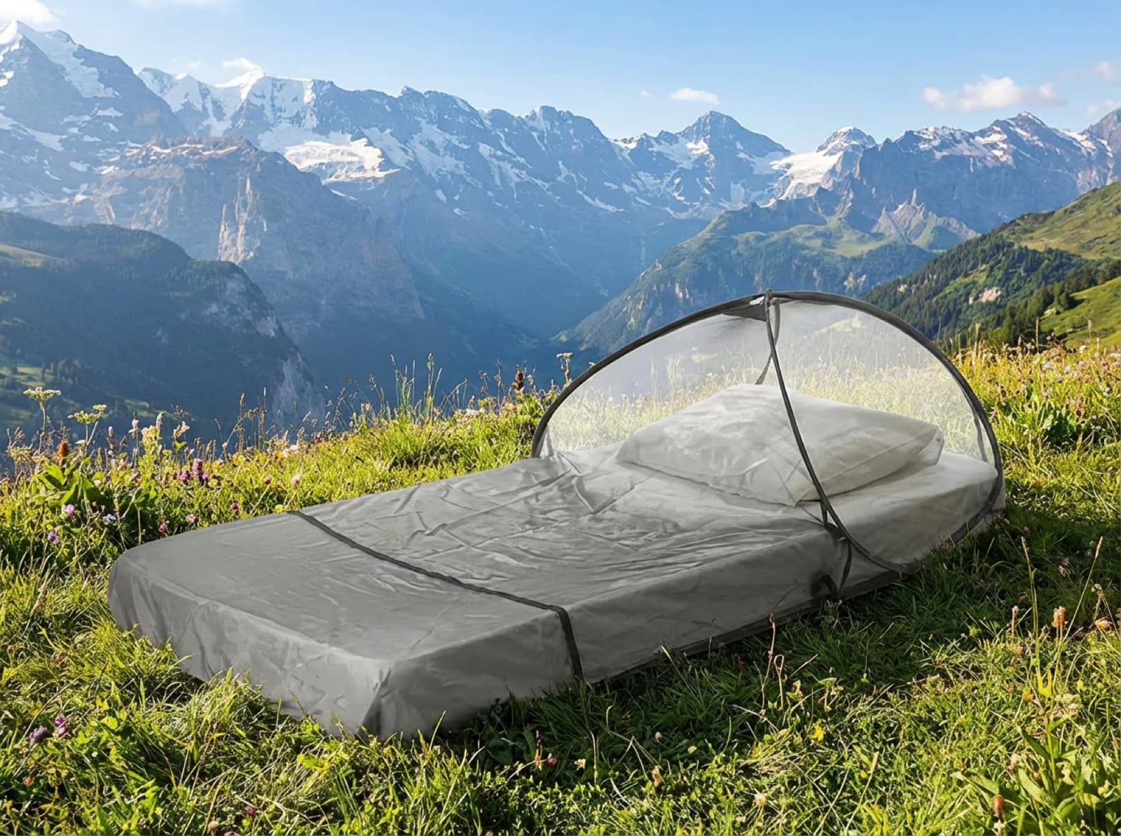 The Mosticare Domo Pop freestanding mosquito dome over a sleeping mat on an alpine meadow, mountains behind.
