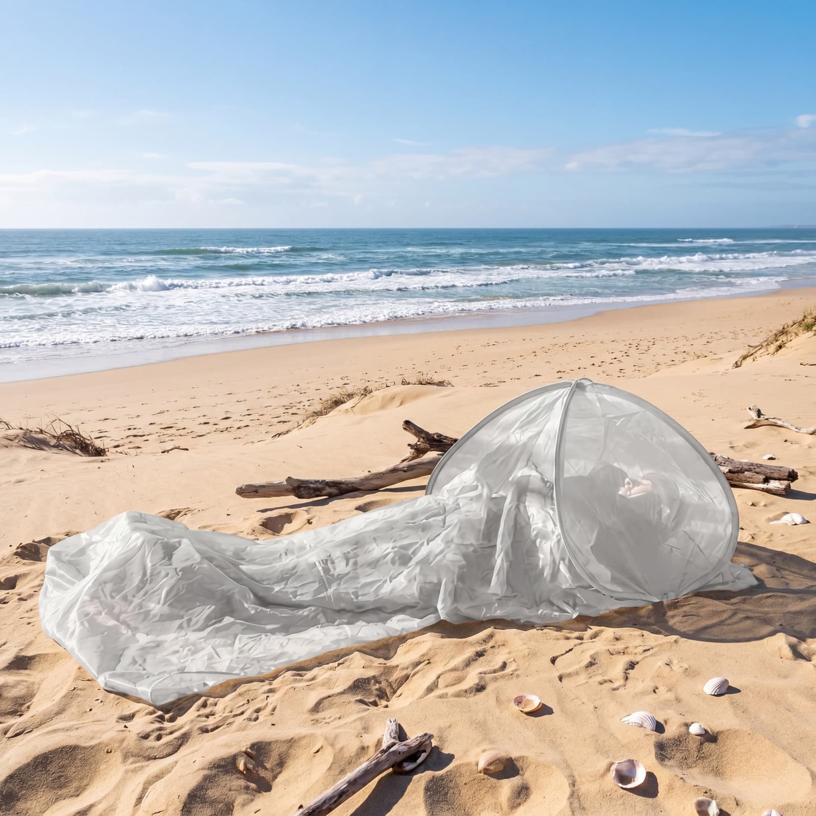The Mosticare Domo Pop pop-up mosquito dome and groundsheet set up on a sandy beach by the sea.