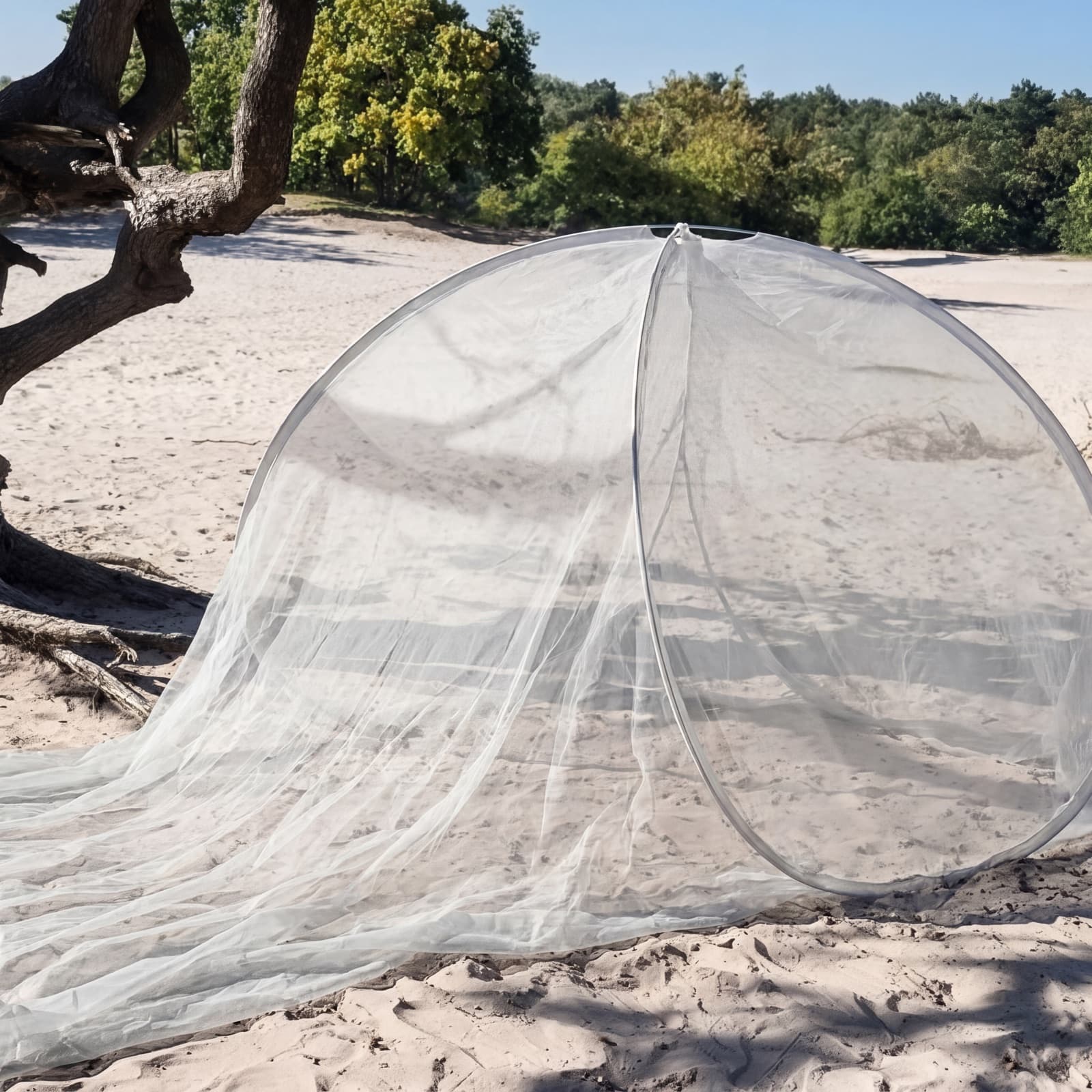 Close view of the Mosticare Domo Pop's fine mesh dome pitched on sand among dune trees.