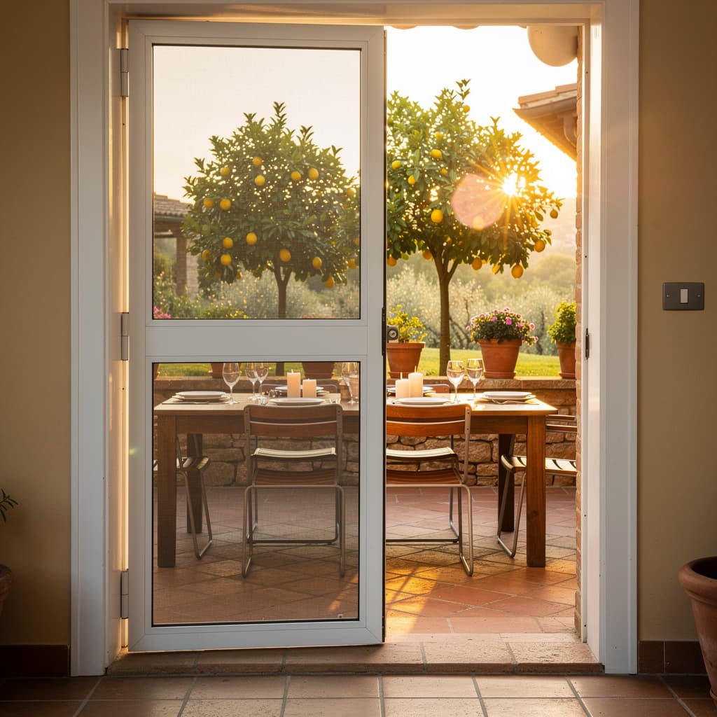 The Mosticare Porta Battente hinged aluminium screen door fitted in an open garden doorway.