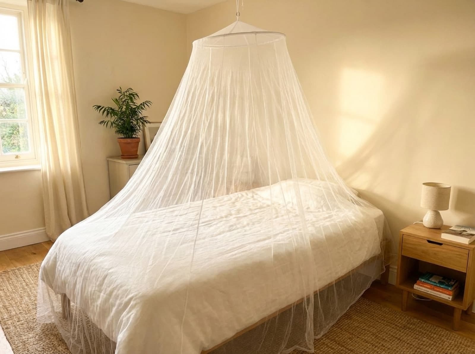 The Mosticare Rondo conical mosquito net canopy hung over a double bed in a sunlit bedroom.
