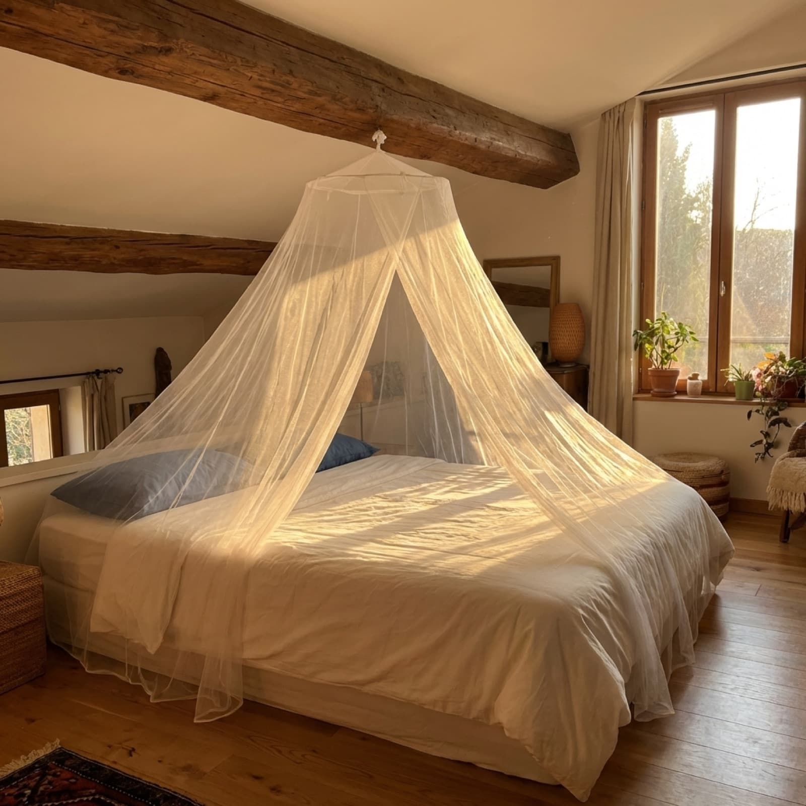 The Mosticare Rondo bell-shaped mosquito net canopy over a bed in a rustic beamed bedroom.