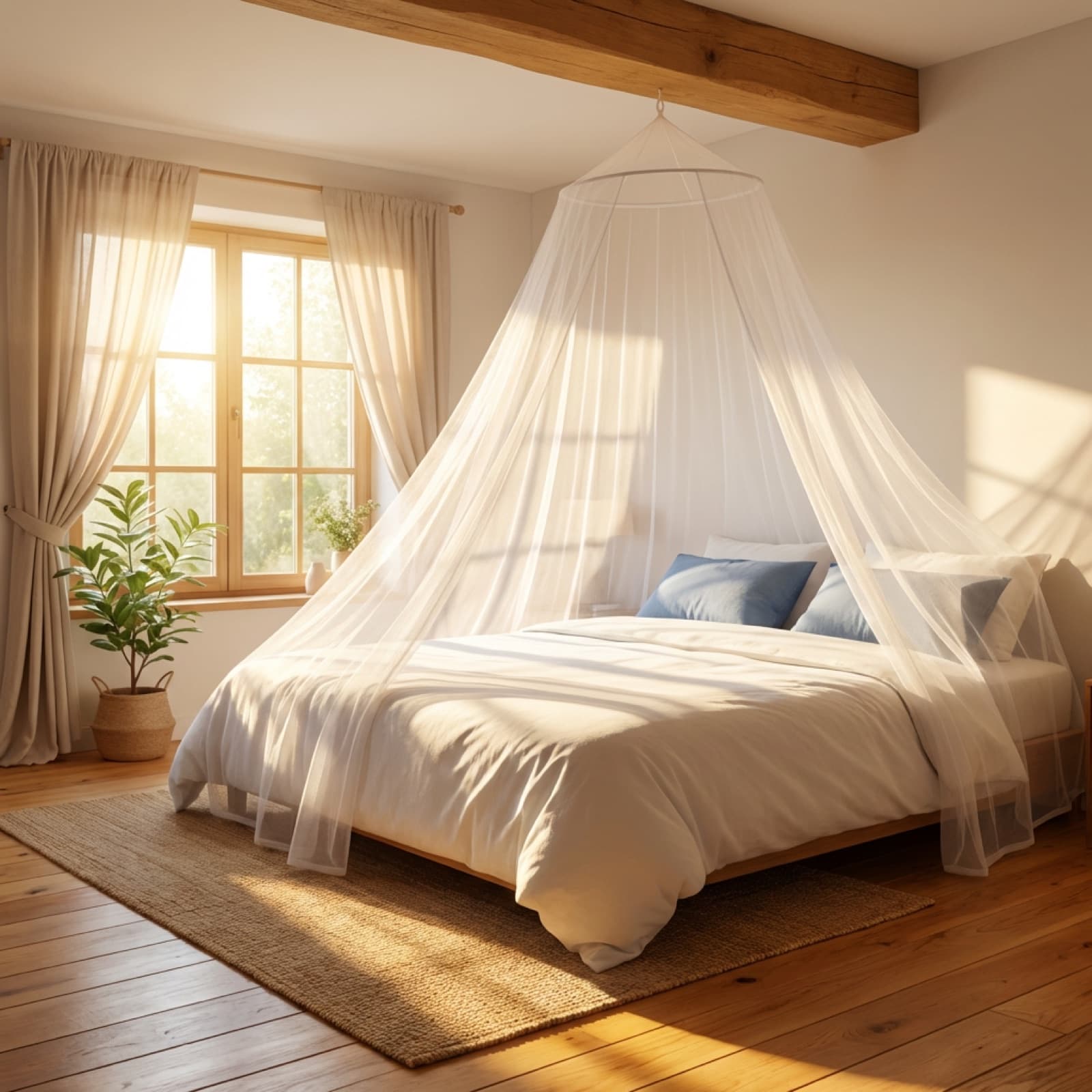 The Mosticare Rondo conical net canopy draped over a double bed in a bright, airy bedroom.