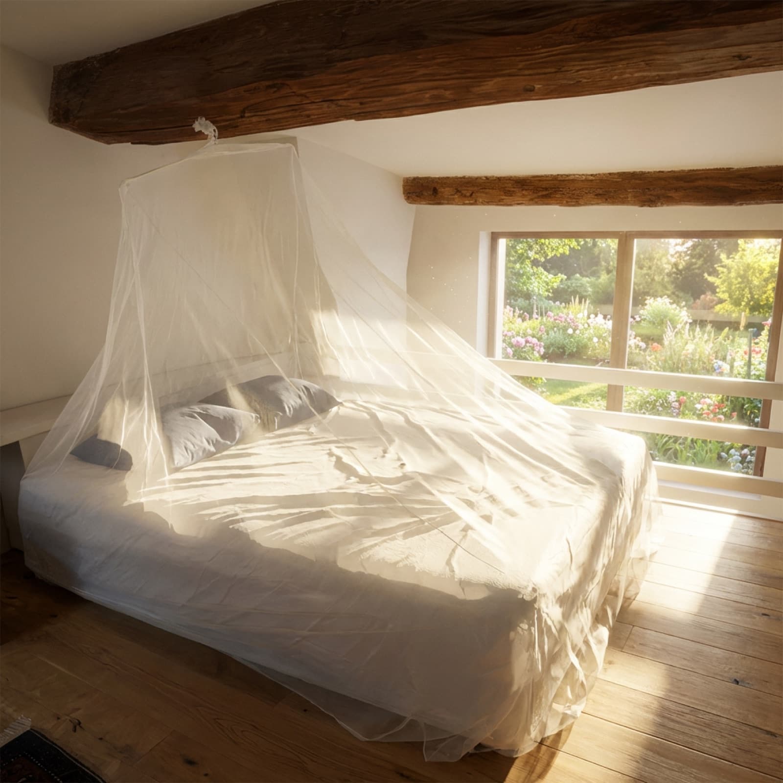 The Mosticare Rondo conical mosquito-net canopy over a bed in a rustic, beamed bedroom.