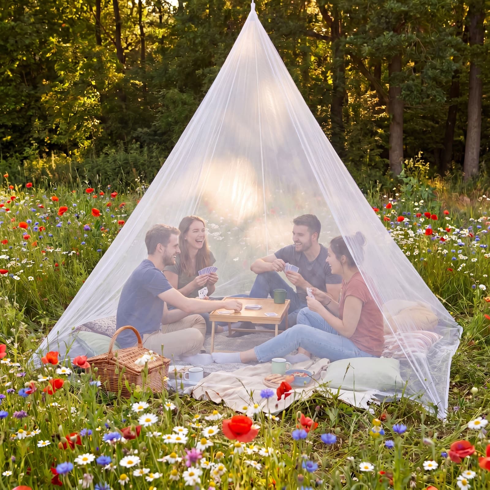 Four friends playing cards inside the Mosticare Traccia travel mosquito net pitched in a wildflower meadow at golden hour.