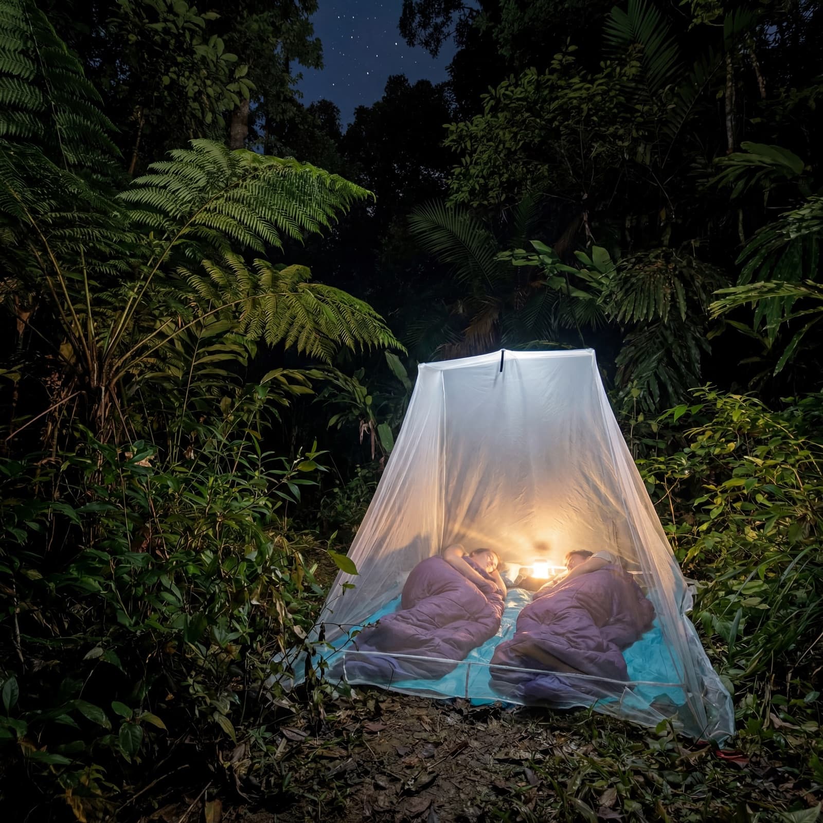 The Mosticare Traccia travel mosquito net over two sleeping bags on a rainforest floor beneath a starlit sky, a lantern glowing inside.