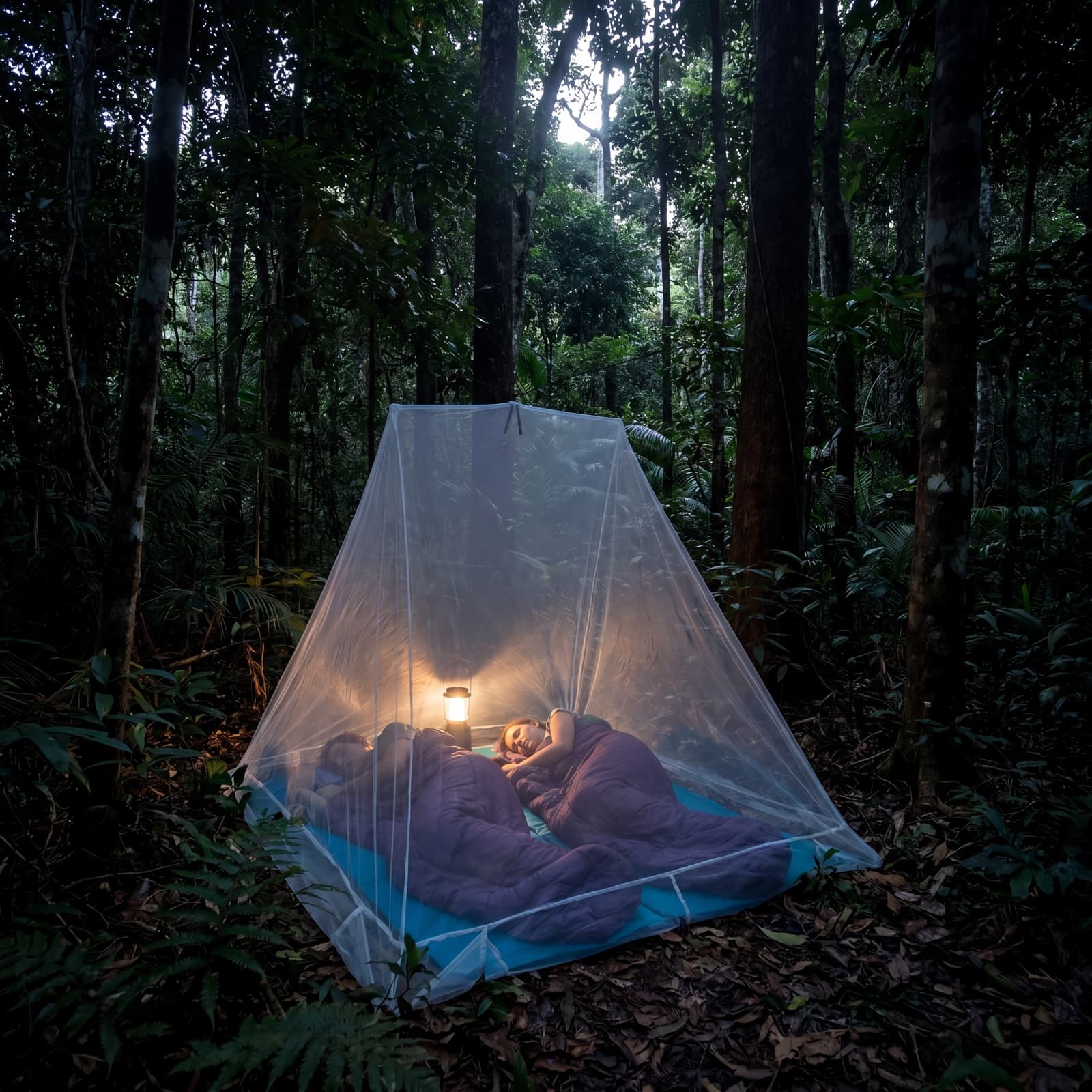 A camper asleep under the Mosticare Traccia travel mosquito net in a dusky forest, a lantern lighting the inside.