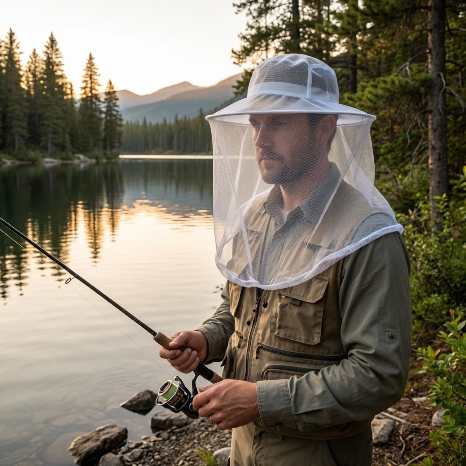 An angler at a lake at dusk wearing the white Mosticare Volto head net over a brimmed hat.