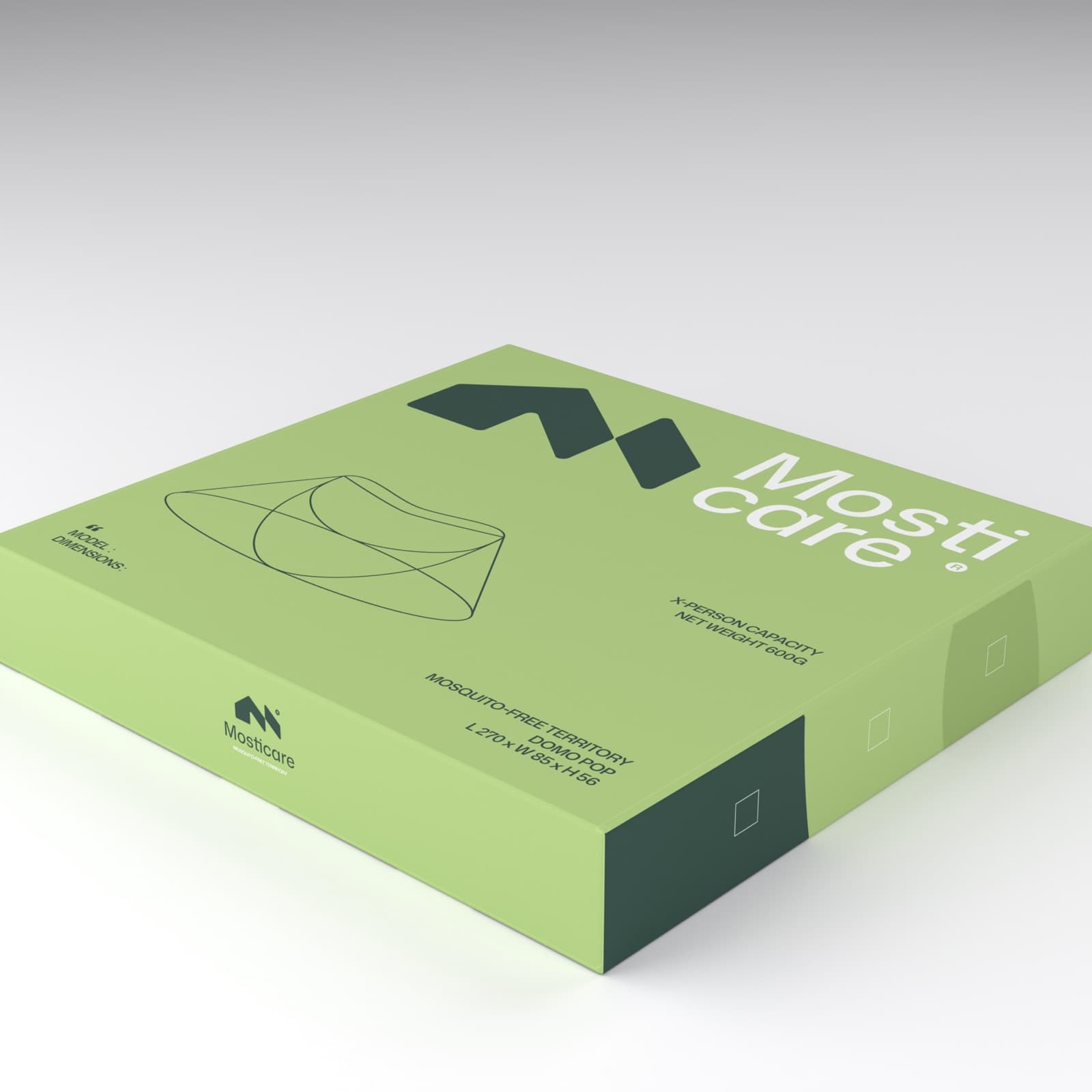 Mosticare Domo Pop packaging, closed box, brand-green carton