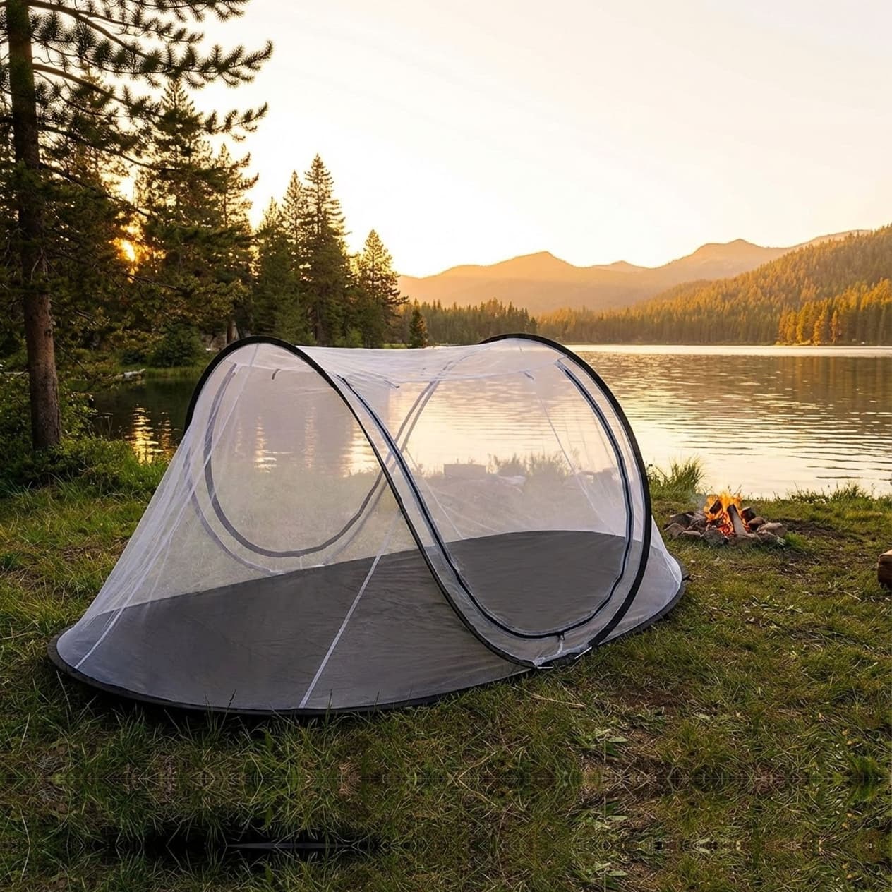 The white Mosticare Igloo, a freestanding pop-up mosquito tent, pitched by a lake at sunset.