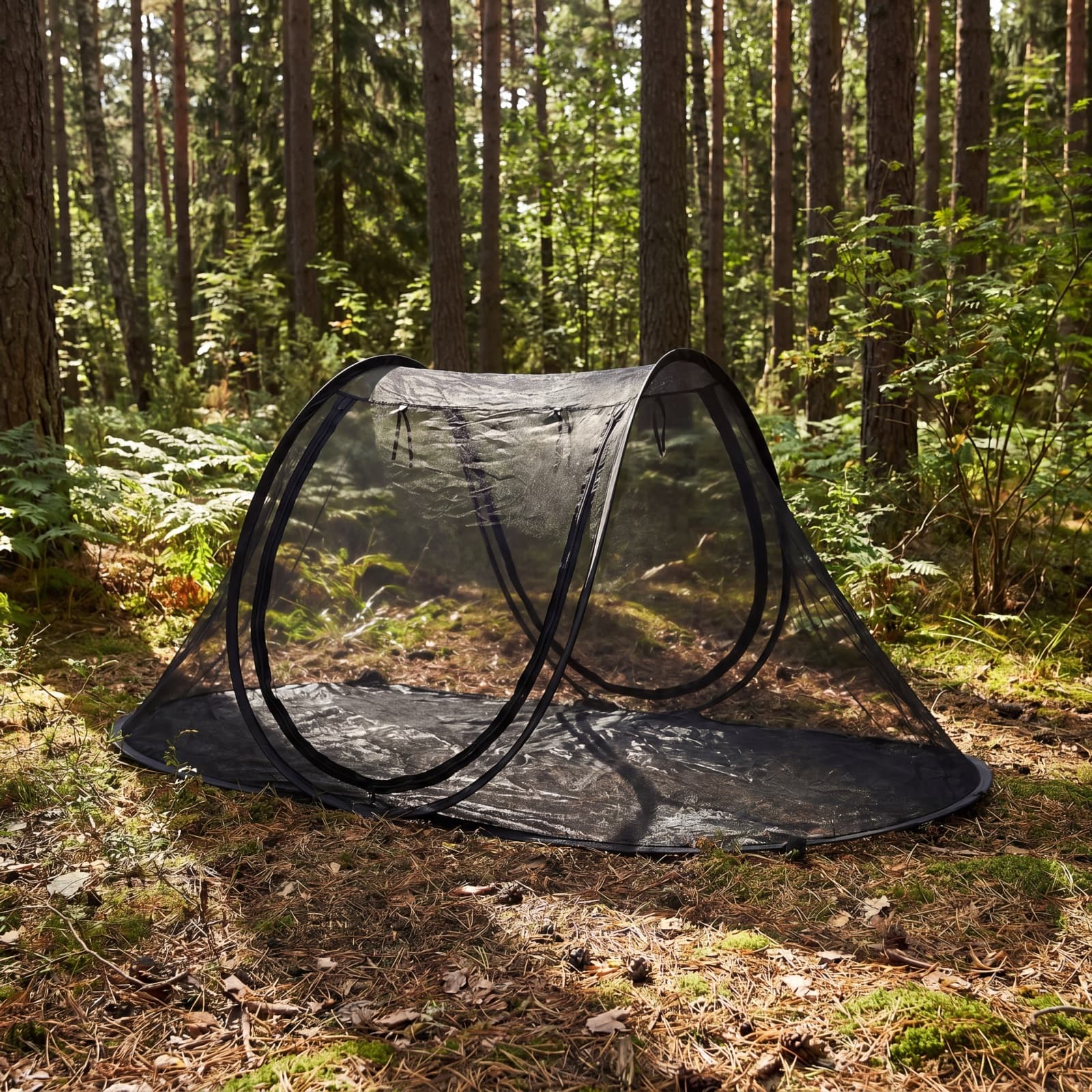 The black Mosticare Igloo freestanding mosquito tent pitched on a sunlit forest floor.