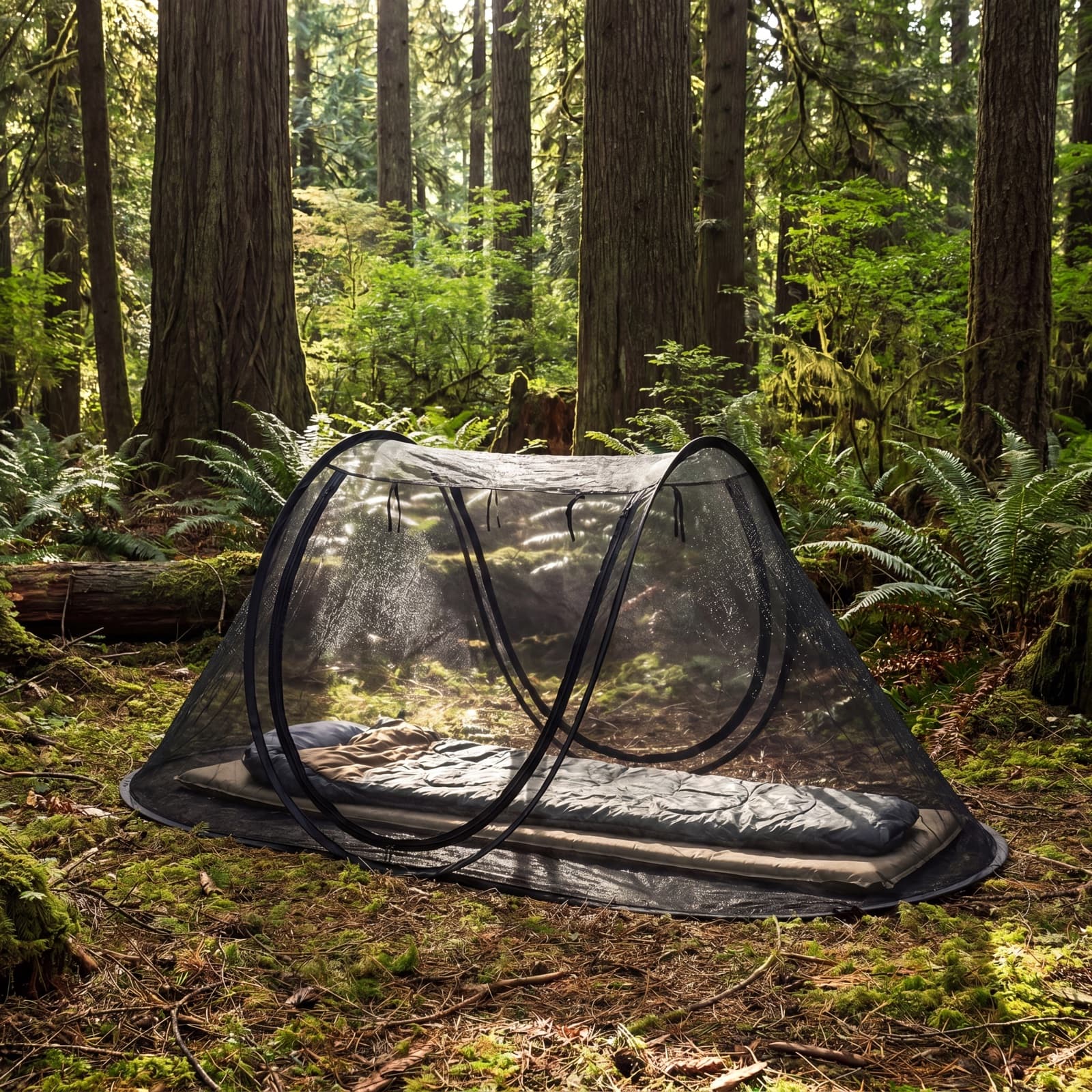 The Mosticare Igloo mosquito tent over a camp bed at a woodland campsite, ready to sleep.