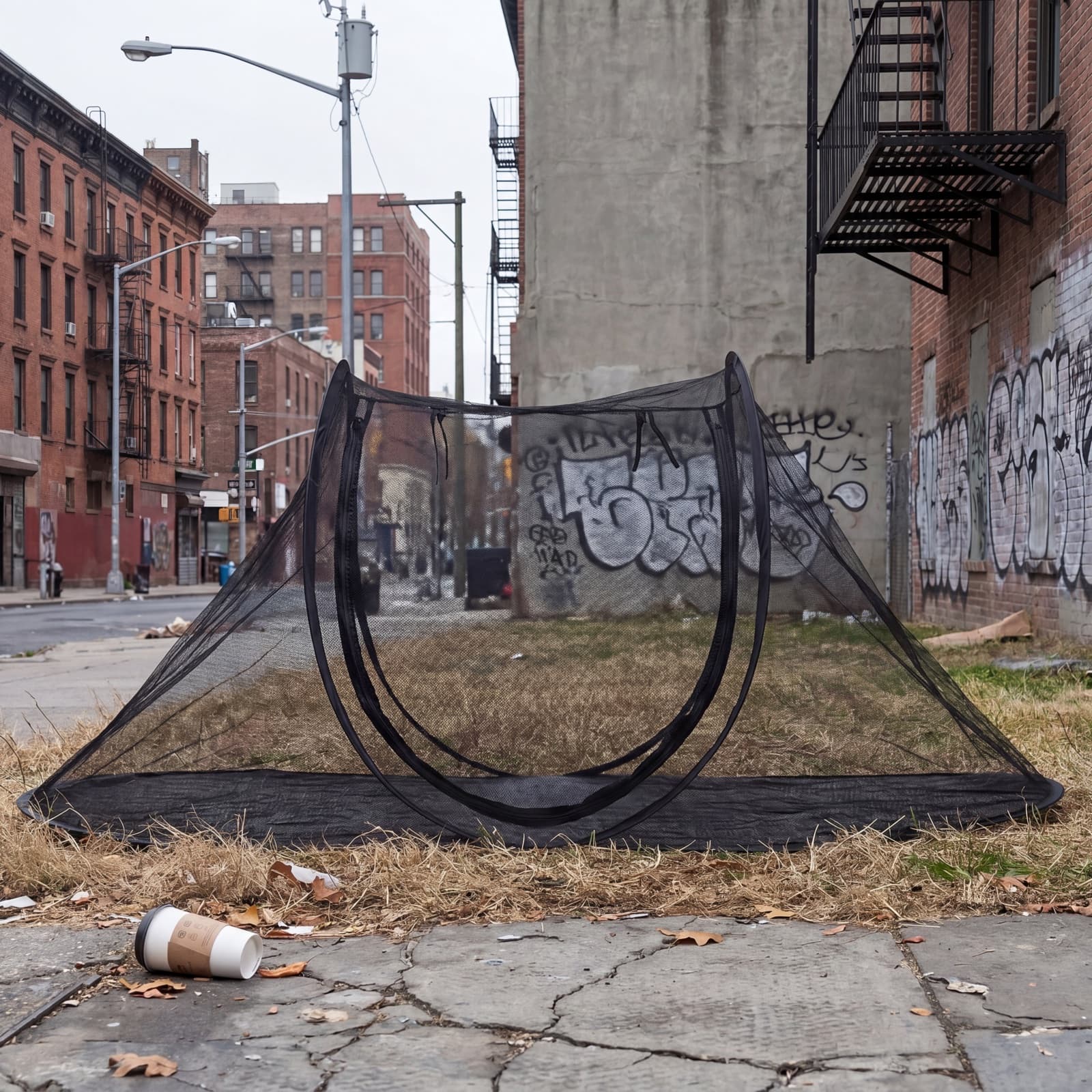The black Mosticare Igloo pop-up mosquito tent set up in an urban setting.