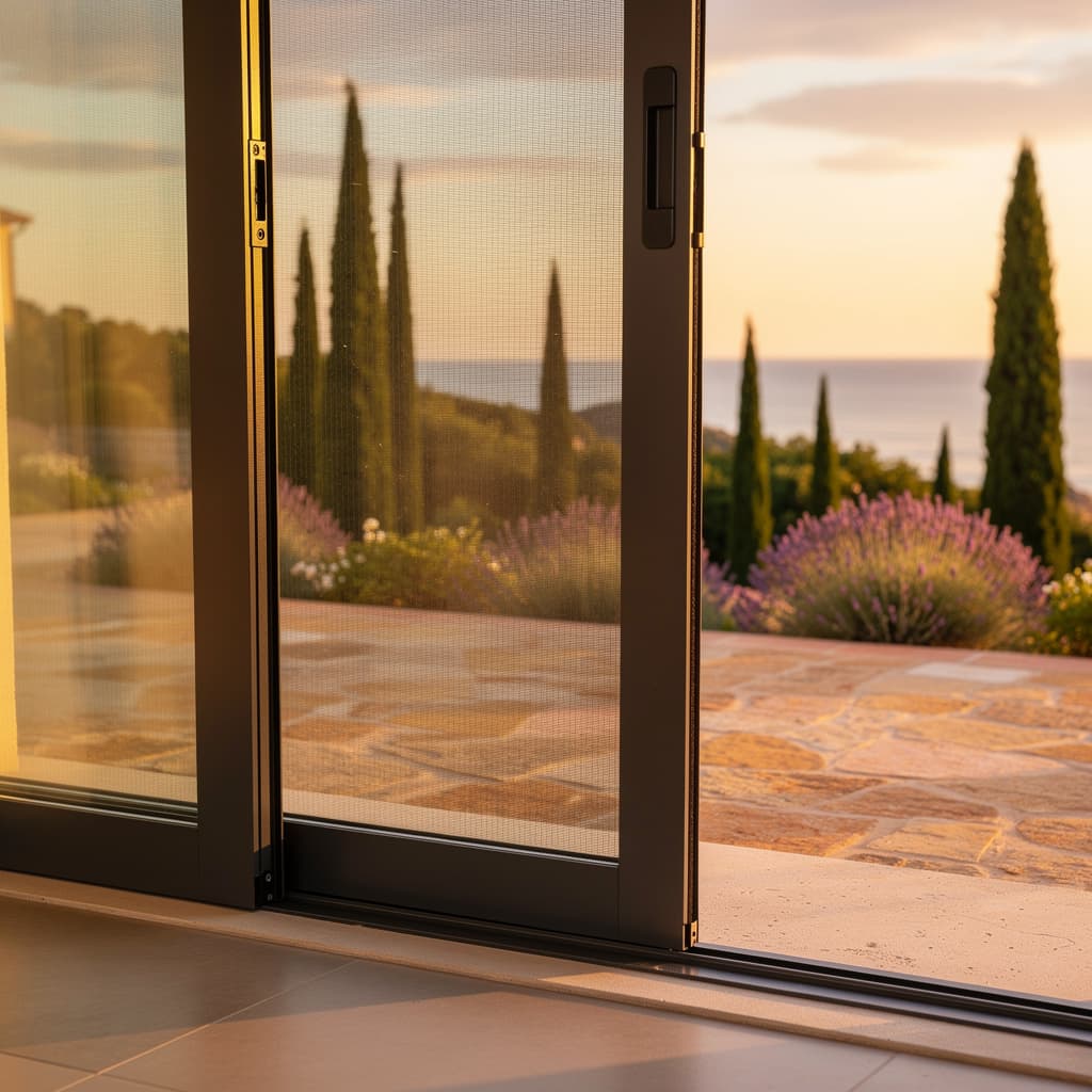 The Mosticare Porta Scorrevole sliding insect screen running on its track beside a patio glass door.