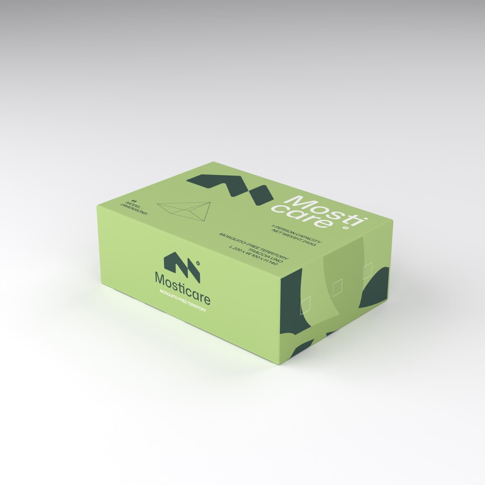 Mosticare Traccia Uno packaging, closed box, brand-green carton